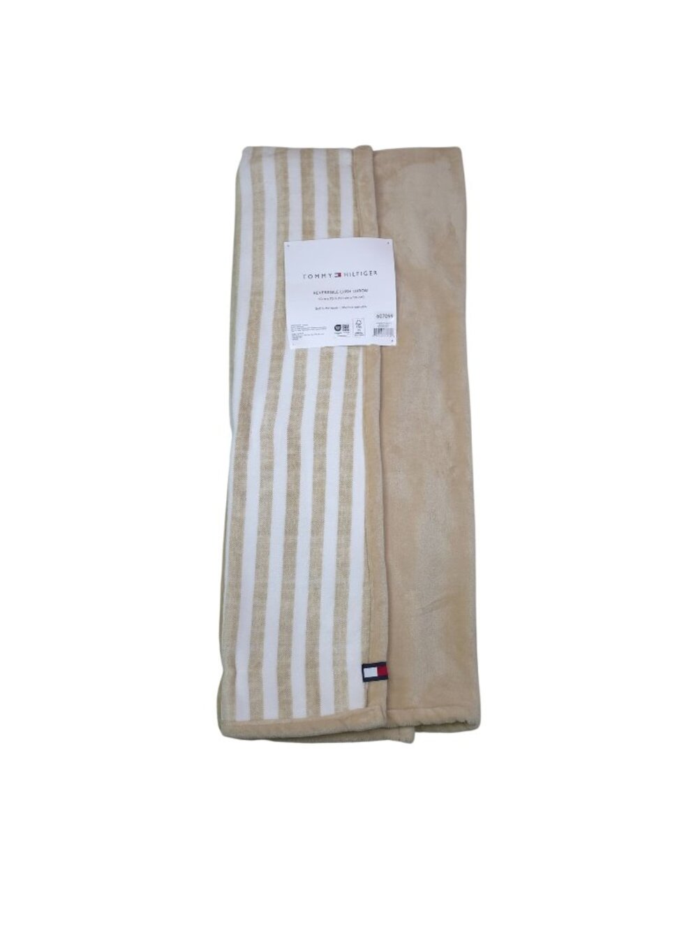 Tommy Hilfiger Reversible Lush Throw 50" X 70" Beige & White Striped or Solid